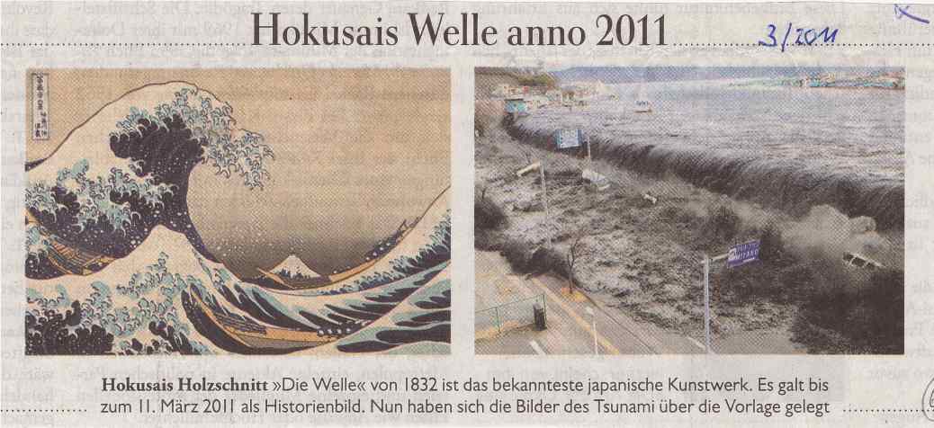 Links: Hokusais Holzschnitt 'Die Welle' Rechts zum Vergleich eine der Wellen des Tsunamis der Japan verwüstete