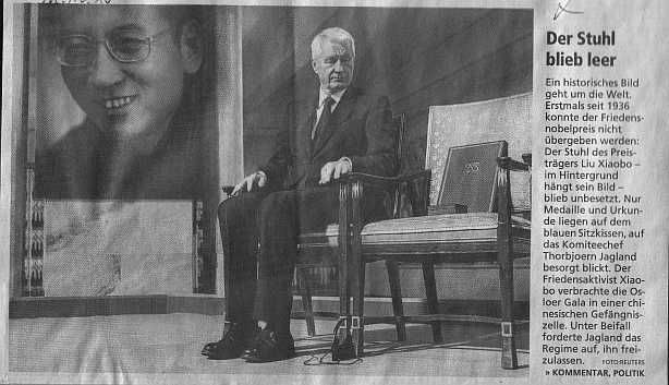 Bild des Leeren Stuhls bei der Vergabe des Friedensnobelpreises 2010 an Liu Xiaobo